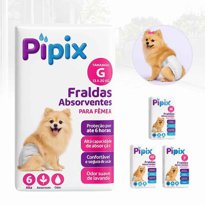 Fralda Higiênica Descartável para Cães Pet Pipix Fêmea 6 Unidades (PP, P, M e G)