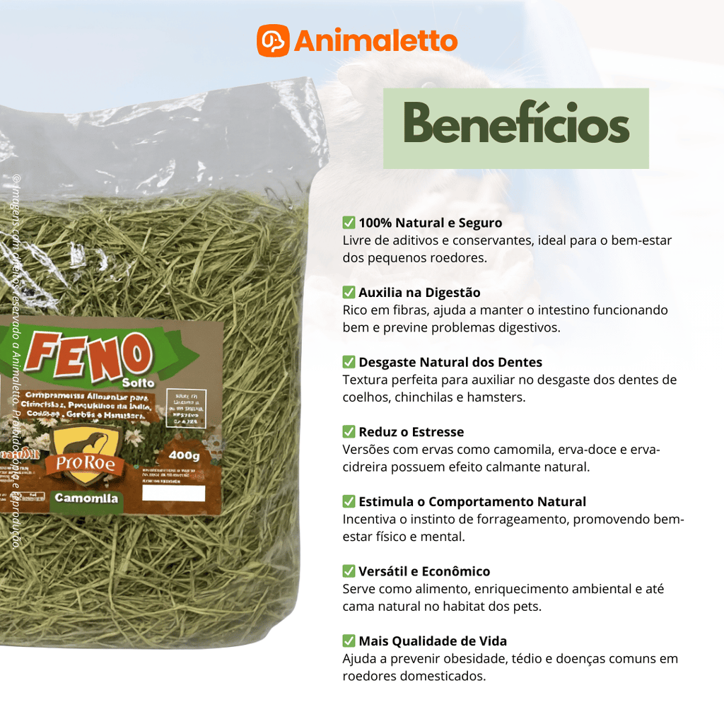 Feno Natural Nutritivo ProRoe 400g para Roedores e Coelhos