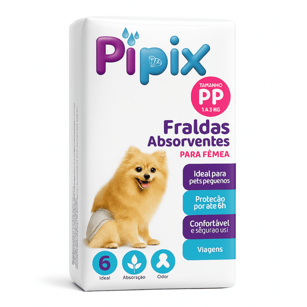 Fralda Higiênica Descartável para Cães Pet Pipix Fêmea 6 Unidades (PP, P, M e G)