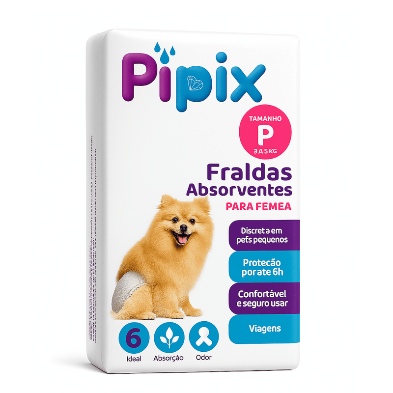 Fralda Higiênica Descartável para Cães Pet Pipix Fêmea 6 Unidades (PP, P, M e G)