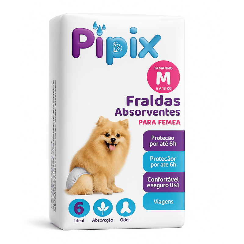 Fralda Higiênica Descartável para Cães Pet Pipix Fêmea 6 Unidades (PP, P, M e G)