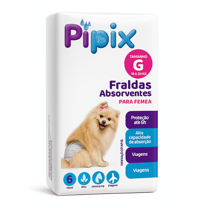 Fralda Higiênica Descartável para Cães Pet Pipix Fêmea 6 Unidades (PP, P, M e G)